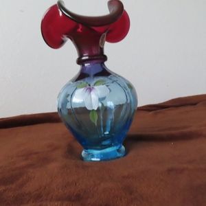 frank m Fenton 100th Flowers blue Vase Ruffled Top Hand Painted Kibbe (717/1500)